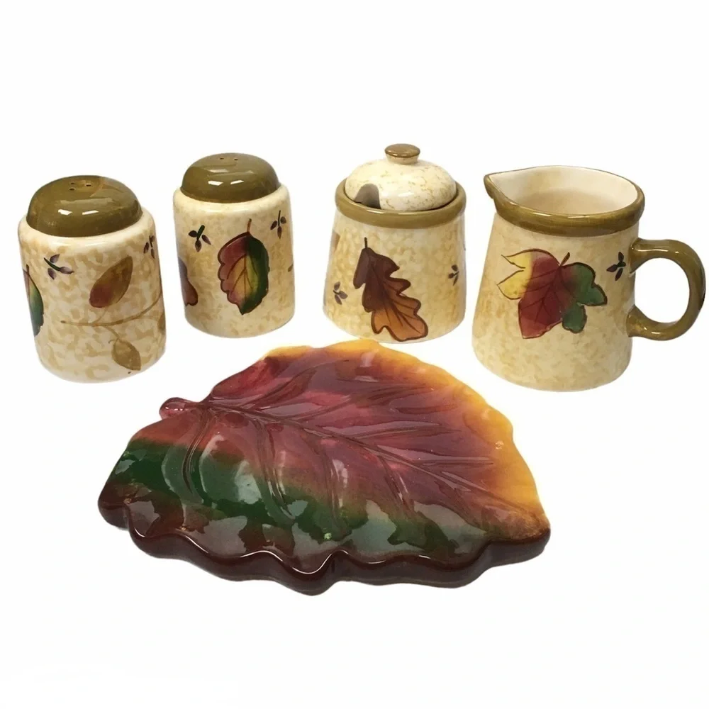 HARVEST Leaf Design Serving Set Thanksgiving Creamer Sugar Salt Pepper Ceramic